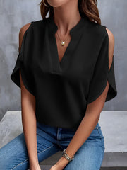 Notch Neck Cold Shoulder Solid Color Blouse