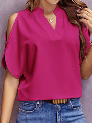 Notch Neck Cold Shoulder Solid Color Blouse