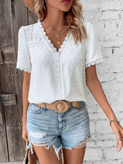 Lace Trimmed Swiss Dots Short Sleeves Blouse