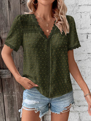 Lace Trimmed Swiss Dots Short Sleeves Blouse