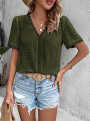 Lace Trimmed Swiss Dots Short Sleeves Blouse