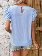 Round Neck Casual Ruffled Sleeve Striped Blouse