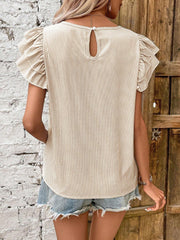 Round Neck Casual Ruffled Sleeve Striped Blouse