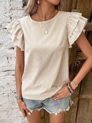 Round Neck Casual Ruffled Sleeve Striped Blouse