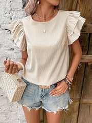 Round Neck Casual Ruffled Sleeve Striped Blouse