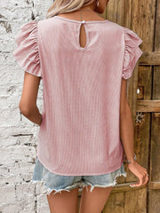 Round Neck Casual Ruffled Sleeve Striped Blouse