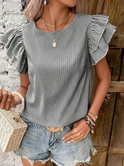 Round Neck Casual Ruffled Sleeve Striped Blouse