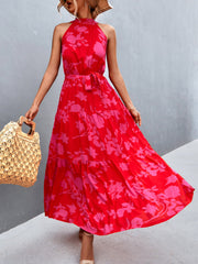 Floral Halter Sleeveless Tiered Maxi Dress