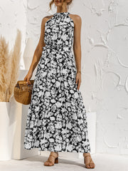 Floral Halter Sleeveless Tiered Maxi Dress