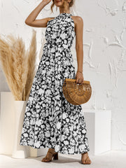 Floral Halter Sleeveless Tiered Maxi Dress