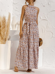 Floral Halter Sleeveless Tiered Maxi Dress