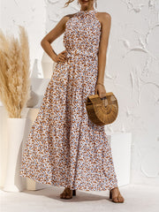 Floral Halter Sleeveless Tiered Maxi Dress