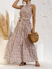 Floral Halter Sleeveless Tiered Maxi Dress