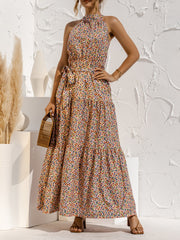 Floral Halter Sleeveless Tiered Maxi Dress
