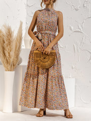 Floral Halter Sleeveless Tiered Maxi Dress