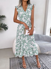 Floral Ruffled Cap Sleeves A-Line Midi Dress