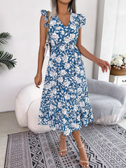Floral Ruffled Cap Sleeves A-Line Midi Dress