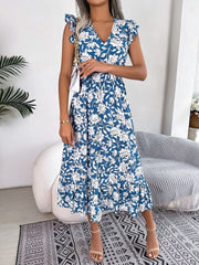 Floral Ruffled Cap Sleeves A-Line Midi Dress