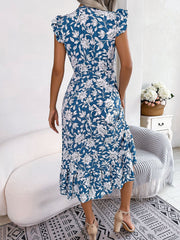 Floral Ruffled Cap Sleeves A-Line Midi Dress