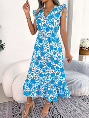 Floral Ruffled Cap Sleeves A-Line Midi Dress