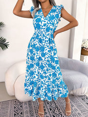 Floral Ruffled Cap Sleeves A-Line Midi Dress