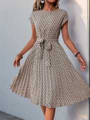Graphic Print Cap Sleeves Pleated Midi Dress