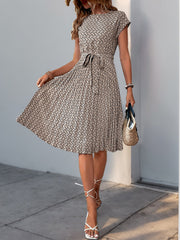 Graphic Print Cap Sleeves Pleated Midi Dress