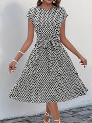 Graphic Print Cap Sleeves Pleated Midi Dress