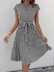 Graphic Print Cap Sleeves Pleated Midi Dress