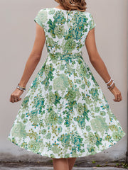 Graphic Print Cap Sleeves Pleated Midi Dress