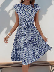 Graphic Print Cap Sleeves Pleated Midi Dress