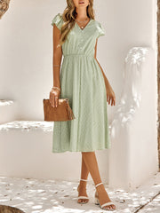 Ruffled Short Sleeves Textured A-Line Midi Dress