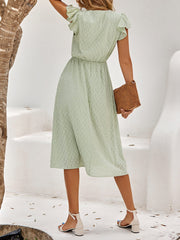 Ruffled Short Sleeves Textured A-Line Midi Dress