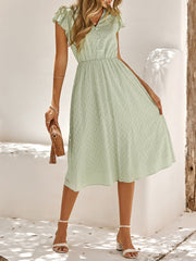 Ruffled Short Sleeves Textured A-Line Midi Dress