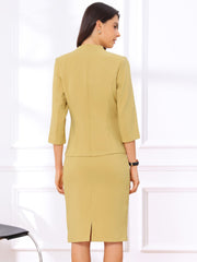 2 Pieces Collarless 3/4 Sleeves Blazer and Pencil Skirt Work Business Suit Set