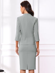2 Pieces Collarless 3/4 Sleeves Blazer and Pencil Skirt Work Business Suit Set