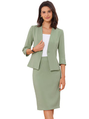 2 Pieces Collarless 3/4 Sleeves Blazer and Pencil Skirt Office Work Business Suit Set