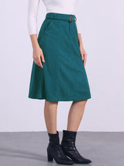 High Waist Elastic Back A-Line Belted Corduroy Pockets Midi Skirt