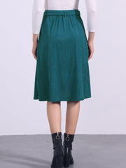 High Waist Elastic Back A-Line Belted Corduroy Pockets Midi Skirt