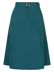 High Waist Elastic Back A-Line Belted Corduroy Pockets Midi Skirt