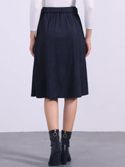 High Waist Elastic Back A-Line Belted Corduroy Pockets Midi Skirt