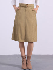 High Waist Elastic Back A-Line Belted Corduroy Pockets Midi Skirt