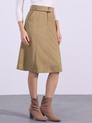 High Waist Elastic Back A-Line Belted Corduroy Pockets Midi Skirt
