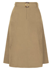 High Waist Elastic Back A-Line Belted Corduroy Pockets Midi Skirt