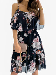 Romantic Floral Cold Shoulder Dress - Ruffle Trim Chiffon Mini