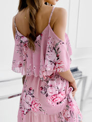 Romantic Floral Cold Shoulder Dress - Ruffle Trim Chiffon Mini
