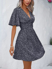 V Neck Short Sleeve Floral Ruched Dress
