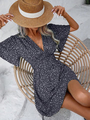 V Neck Short Sleeve Floral Ruched Dress