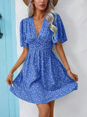 V Neck Short Sleeve Floral Ruched Dress