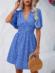 V Neck Short Sleeve Floral Ruched Dress